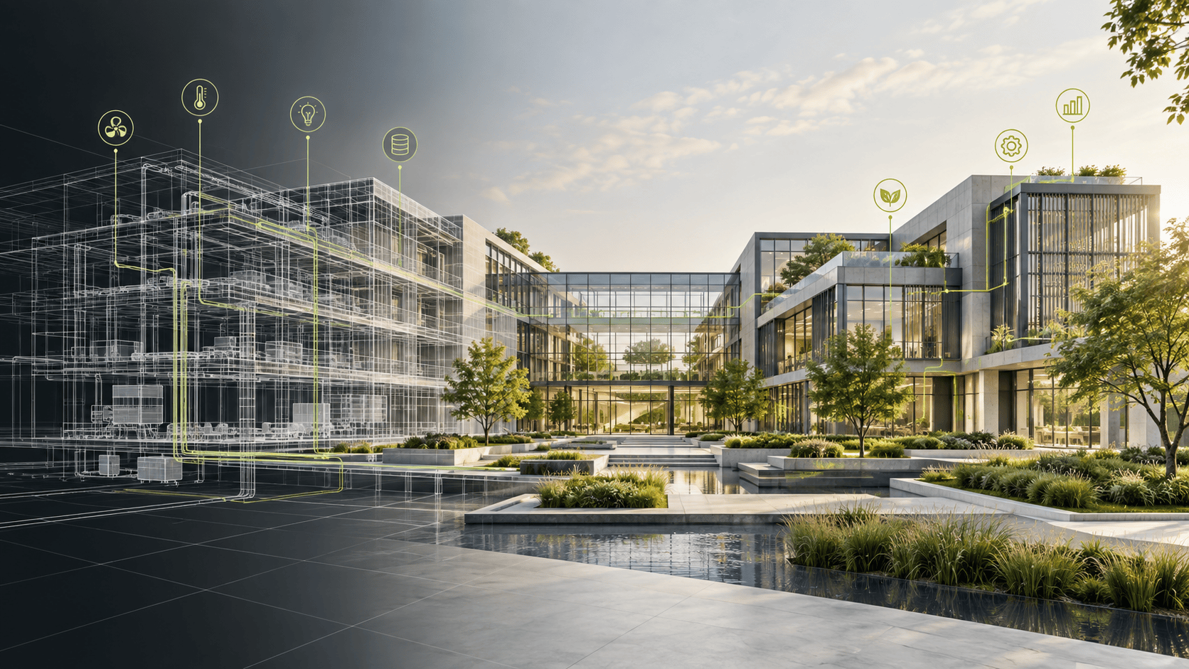 Ilustración conceptual de un edificio y su modelo digital BIM