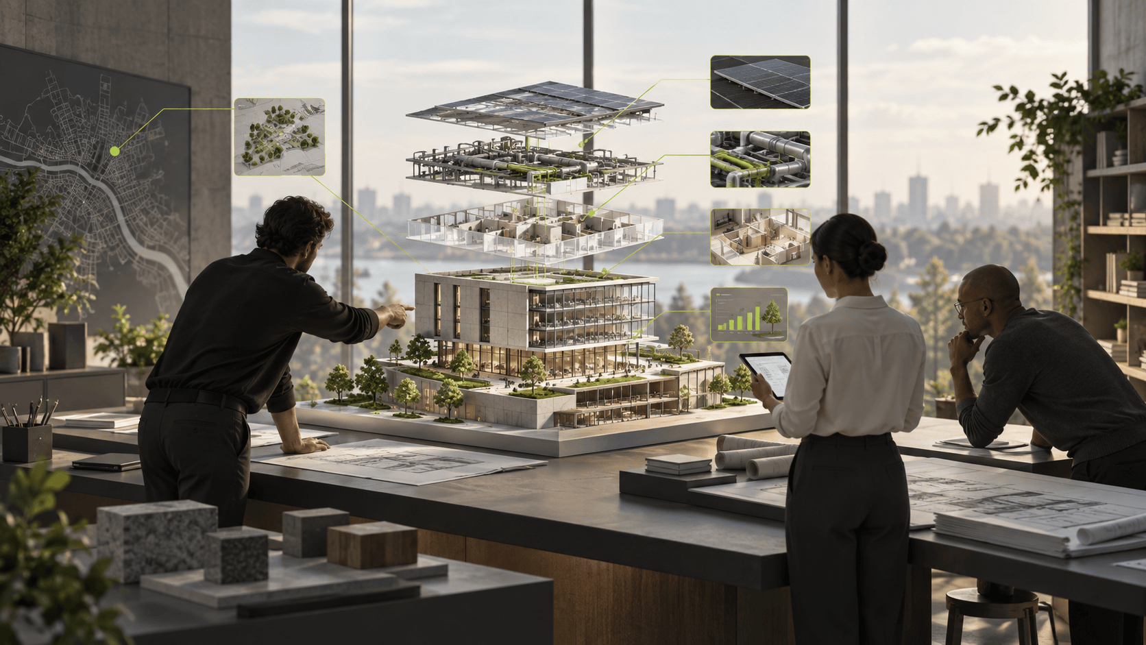 Ilustración conceptual de colaboración profesional en torno a un modelo BIM